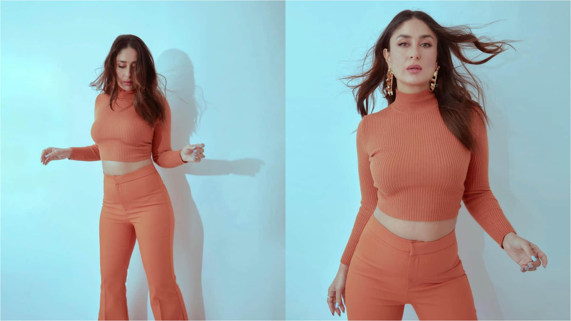 kareena kapoor impress style in orange crop top with pants in latest pics
