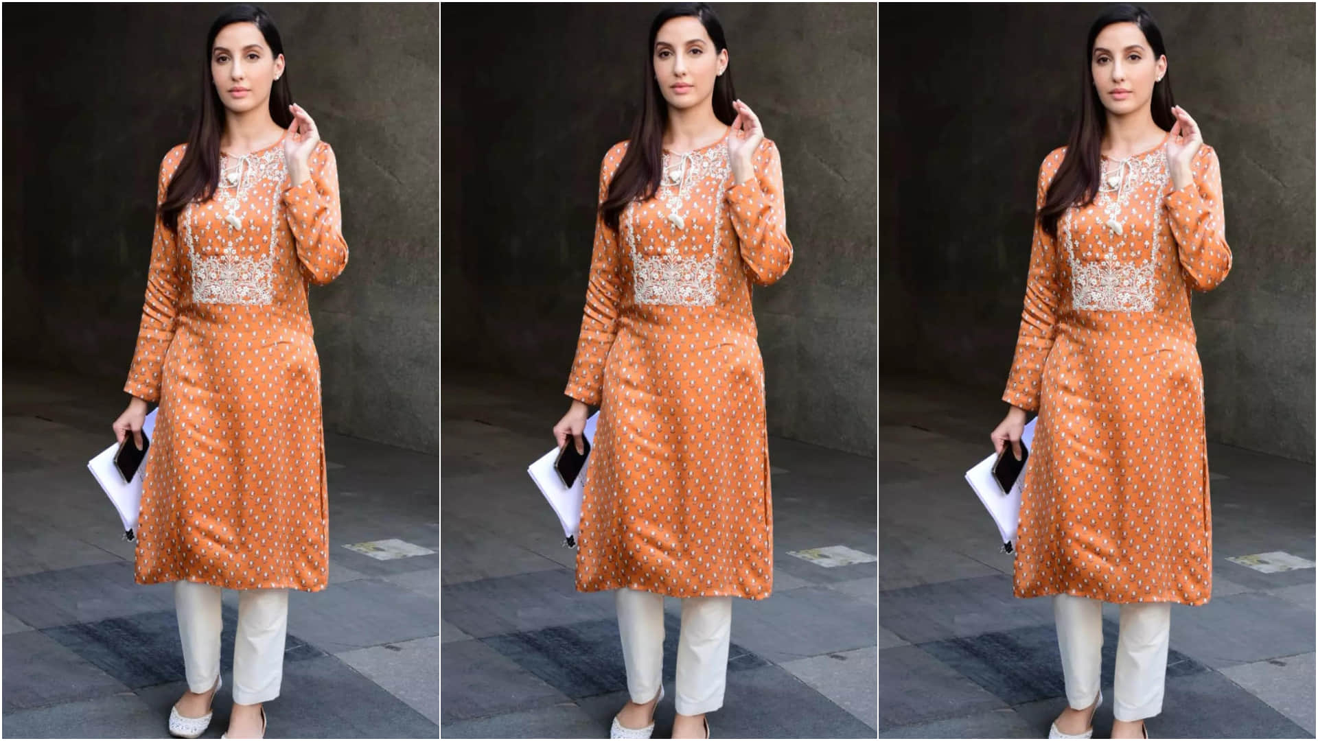 nora fatehi impress fans with classy look in orange kurta