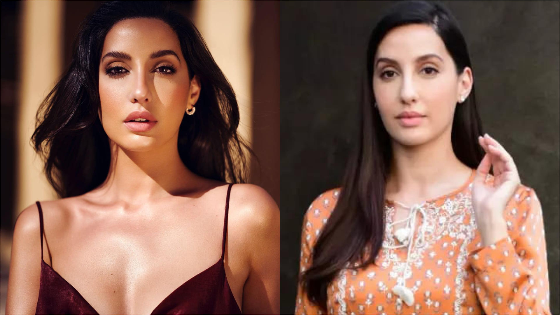 nora fatehi poses in maroon slip dress in sultry hot look