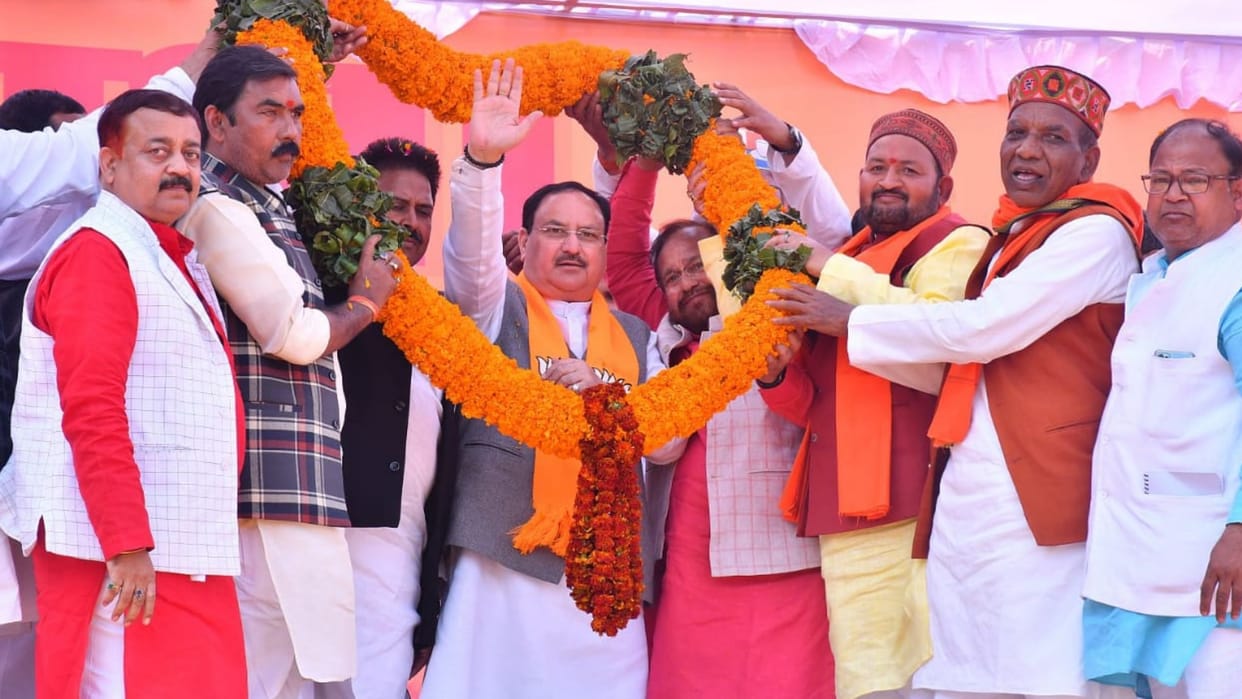 J P Nadda addresses a meeting in Sultanpur.