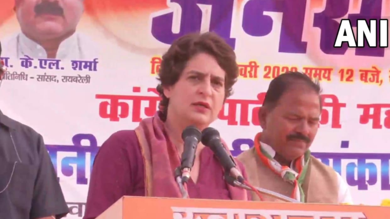 Priyanka Gandhi Vadra addresses a meeting in Raebareli.