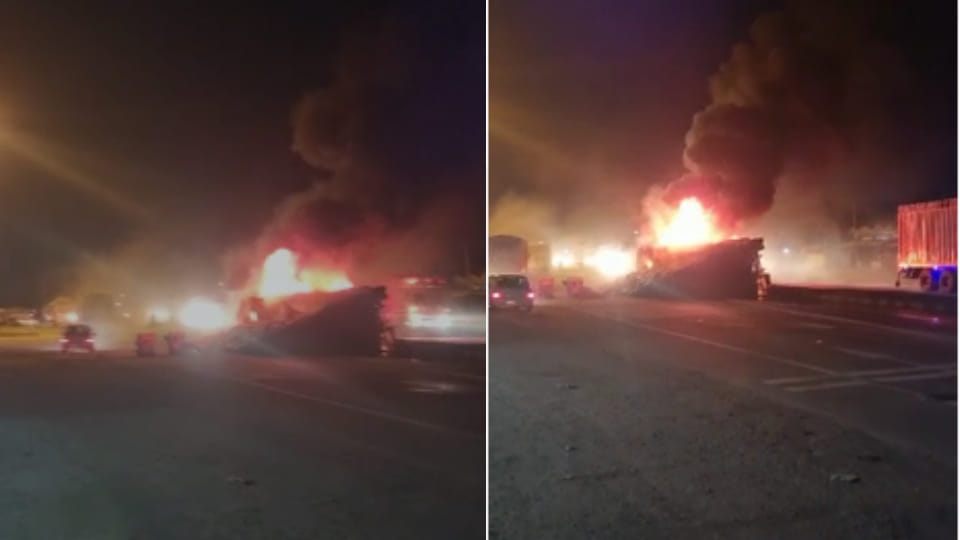 Rajasthan news Trailer full of sugar overturned in Pali 200 sacks burnt to ashes due to fire 