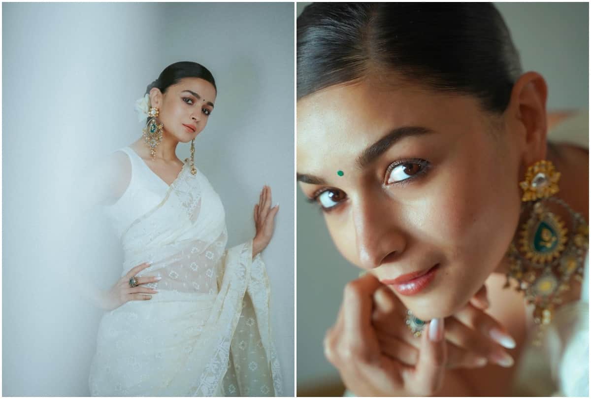 Alia Bhatt shared her photos wearing a white saree with roses in her hair fans loves the traditional look of the actress