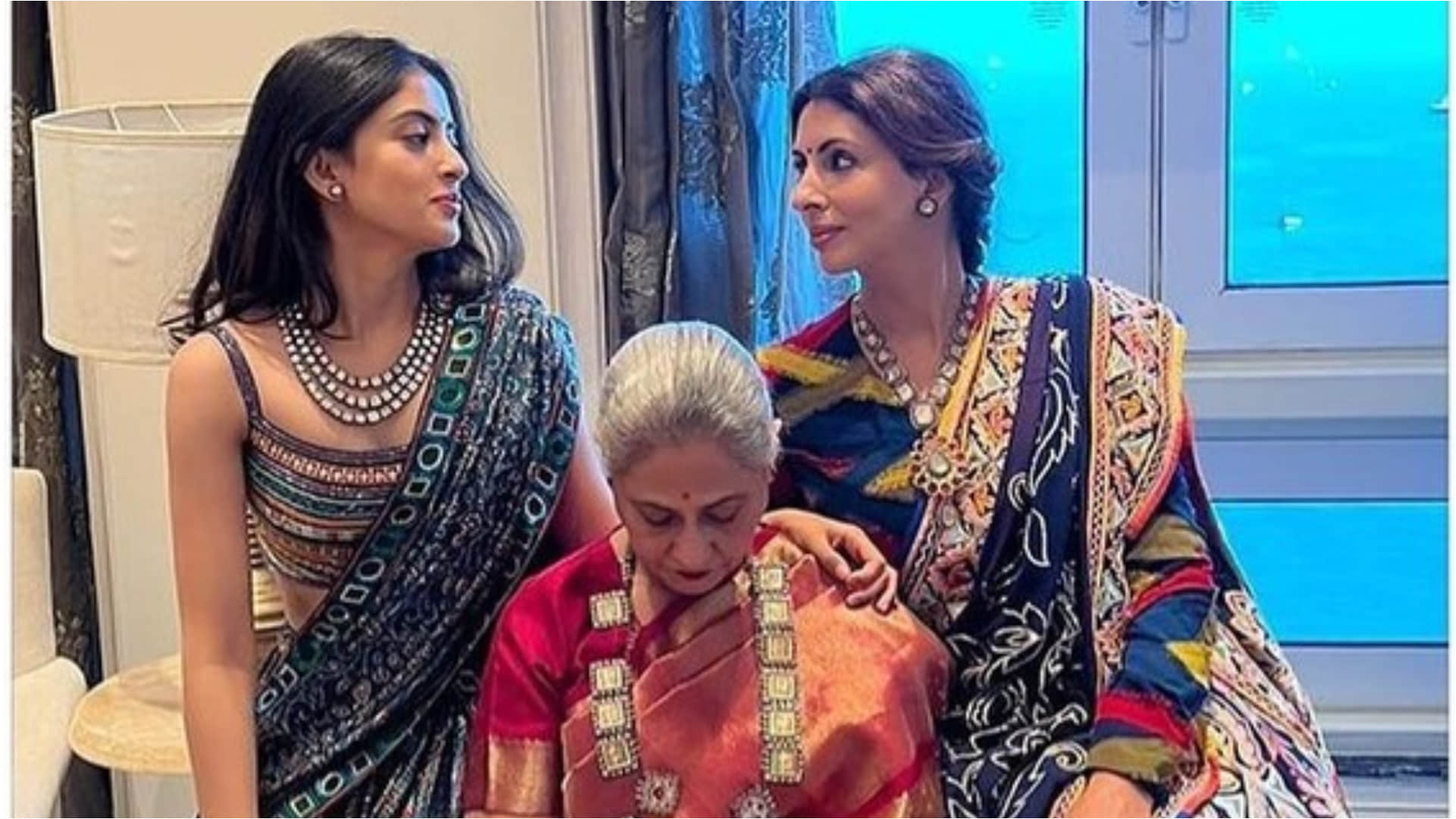 anmol ambani wedding jaya bachchan daughter shweta bachchan along navya naveli pose together