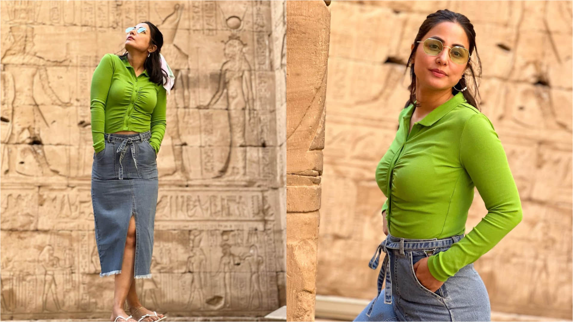 hina khan egypt holiday look stylish with thigh high slit denim skirt and green top