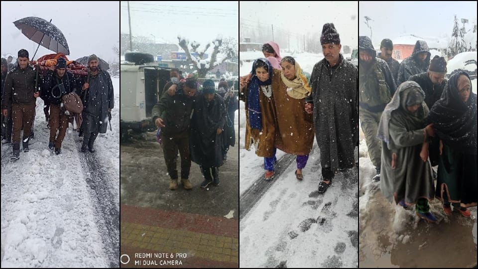roads closed after snowfall in kulgam police personnel took pregnant women and sick old lady to hospital
