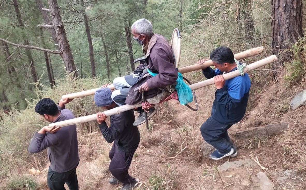 Sick people have to be transported on a palanquin to the hospital