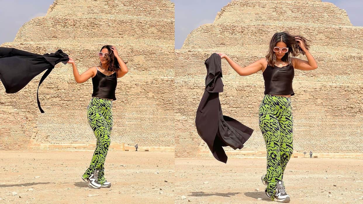 hina khan dances on the english beat in front of the pyramid in egypt