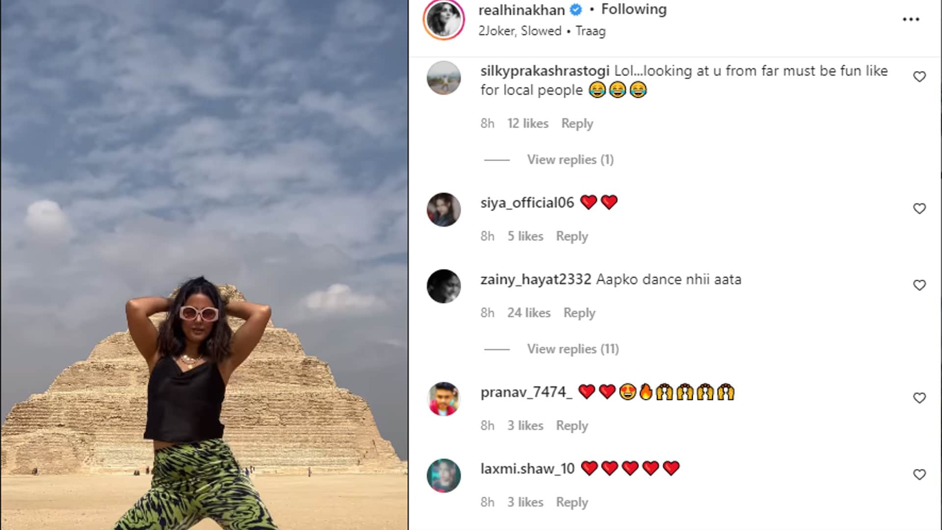 hina khan dances on the english beat in front of the pyramid in egypt