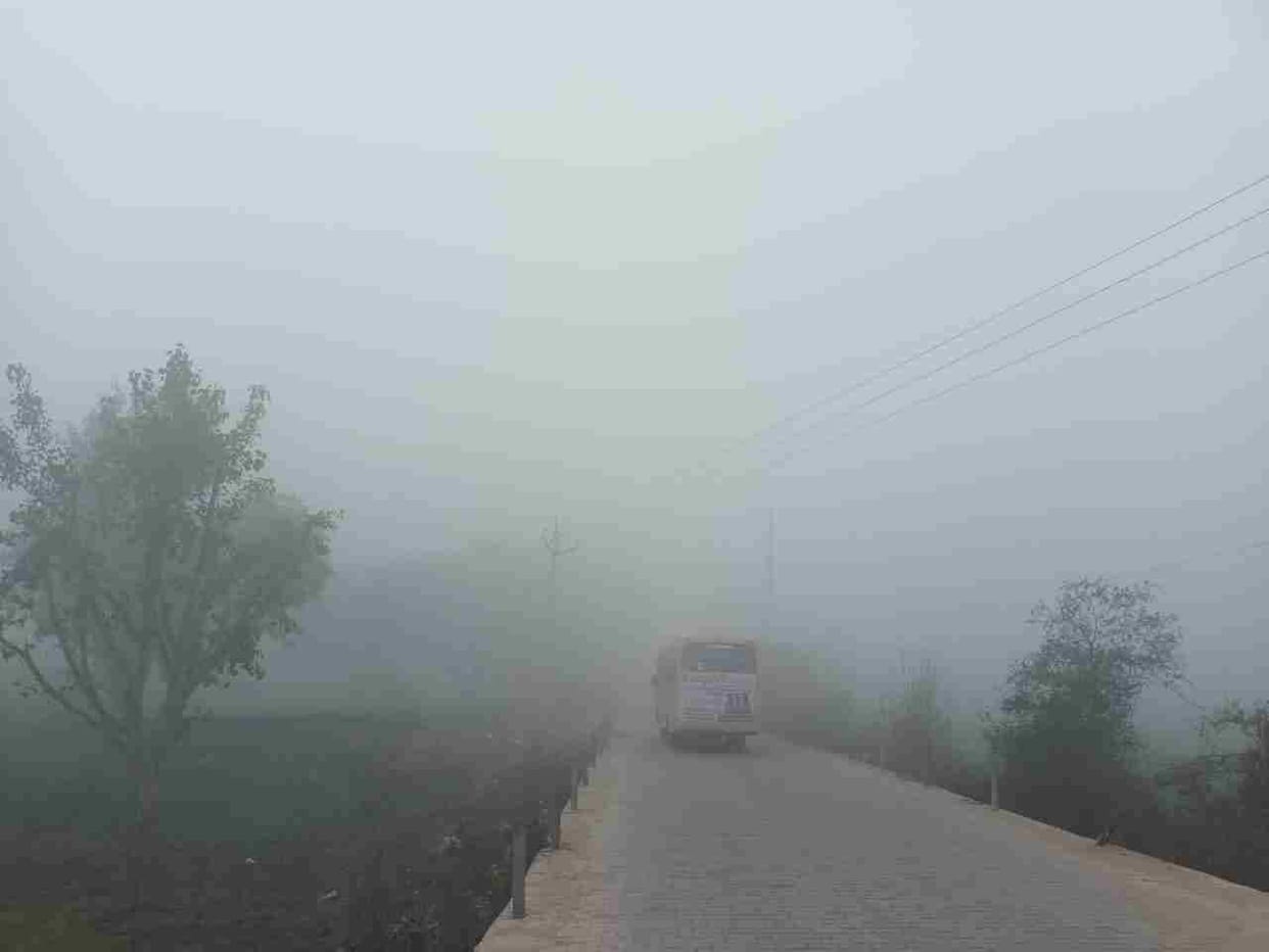 Two trucks and roadways bus collided due to dense fog, accident avoided