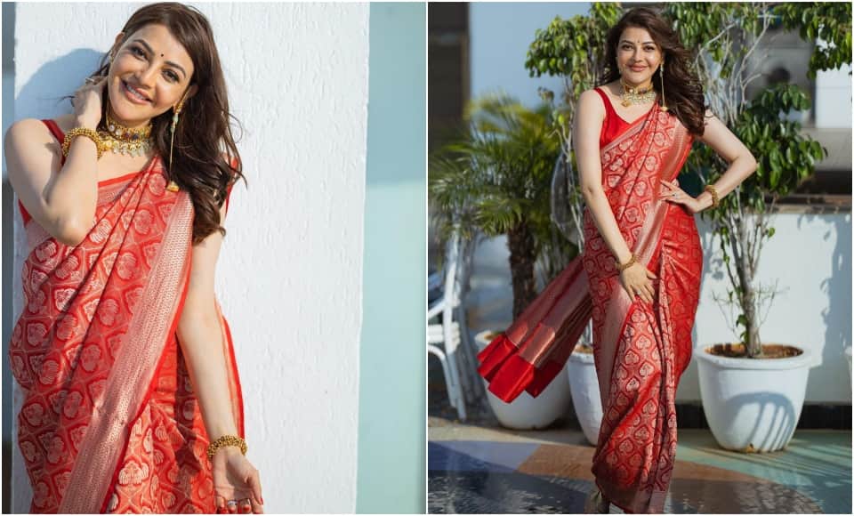 Actress Kajal Aggrawal shares pictures of her in red saree caption picture as mommy training