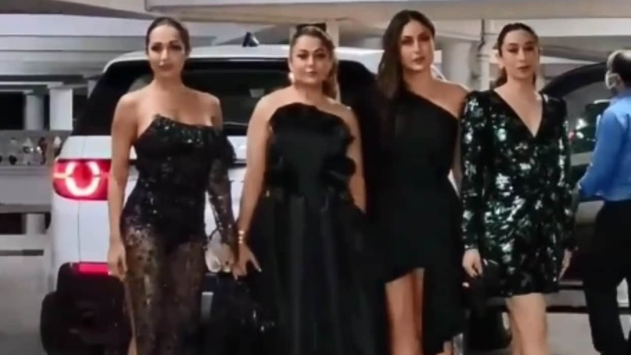 malaika arora kareena kapoor karisma kapoor amrita arora gorgeous all black outfit for farhan akhtar shibani dandekar party