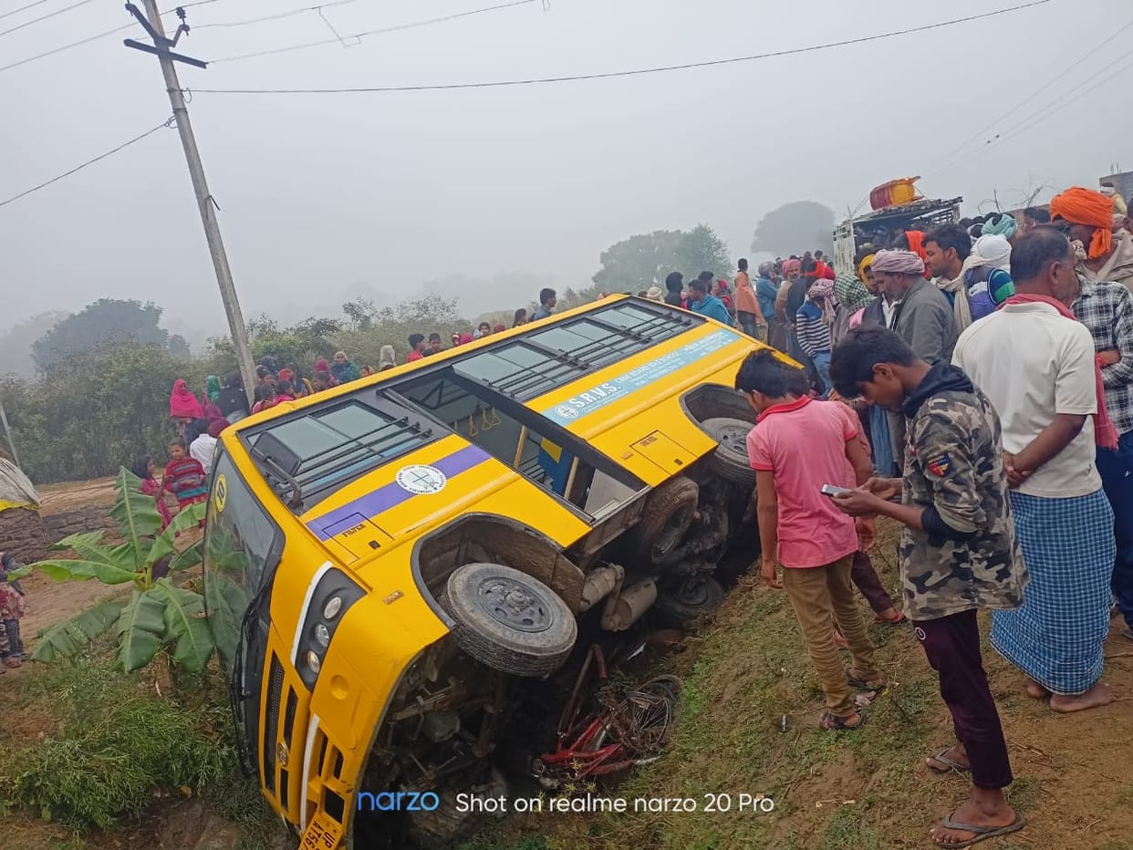 School bus accident in chandauli four including three students minor injuries