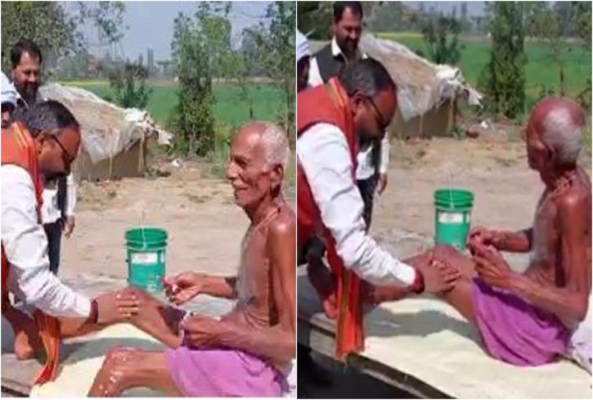 UP assembly Election 2022 Robertsganj BJP MLA Bhupesh Chaubey who held sit ups with ears are now seen  oil massage to voter video viral