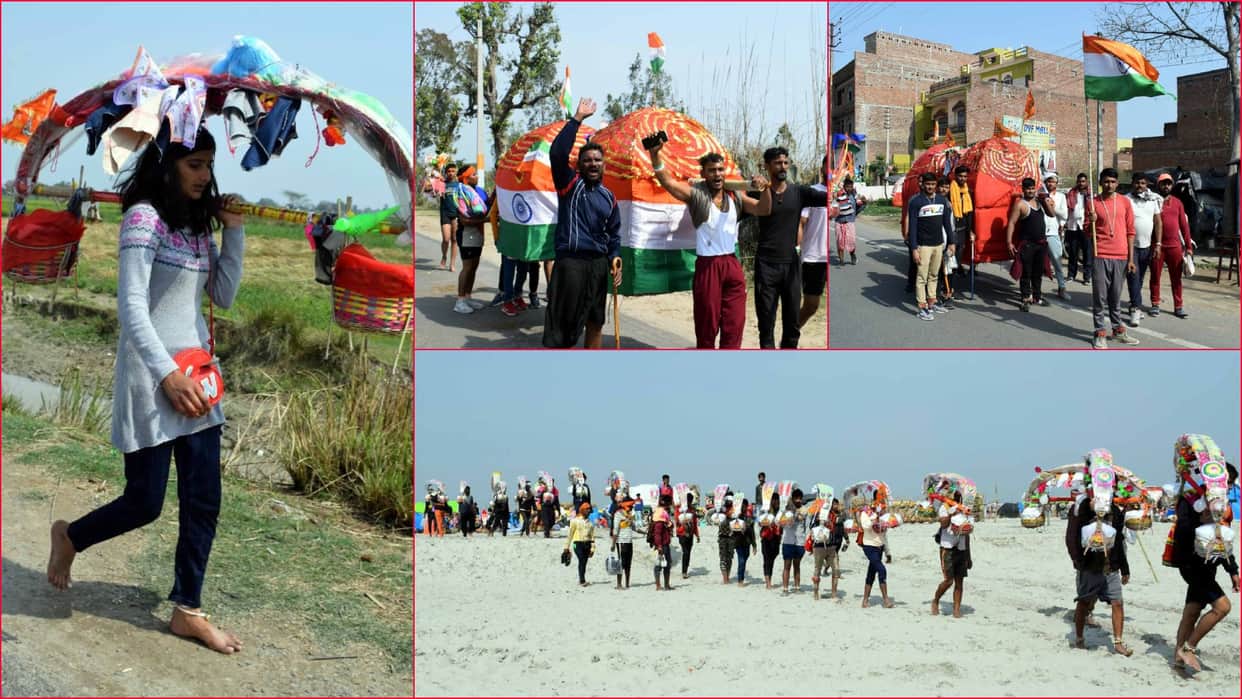 hundreds number of kanwariyas gathering in kanwar mela soron in kasganj