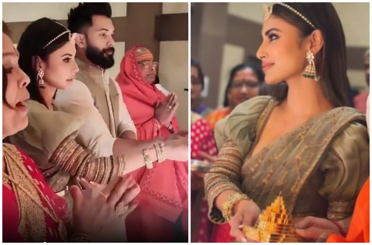 Actress Mouni Roy performs Aarti with husband Suraj Nambiar in Mata Chowki shares picture