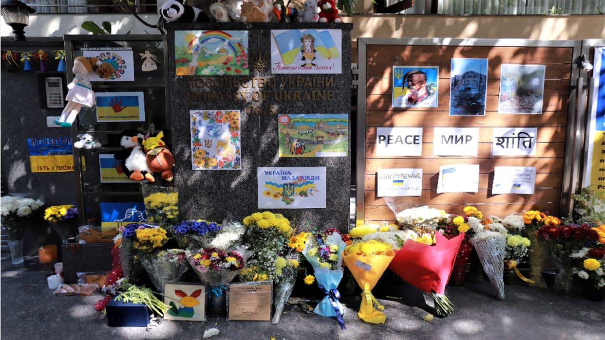 People of Ukraine hang children toys on walls of embassy open letters in name of Russia lit lamps for well being of their loved ones