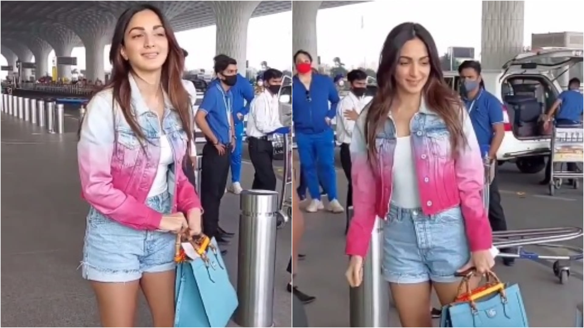 kiara advani no makeup look for airport wear pink crop denim jacket with shorts