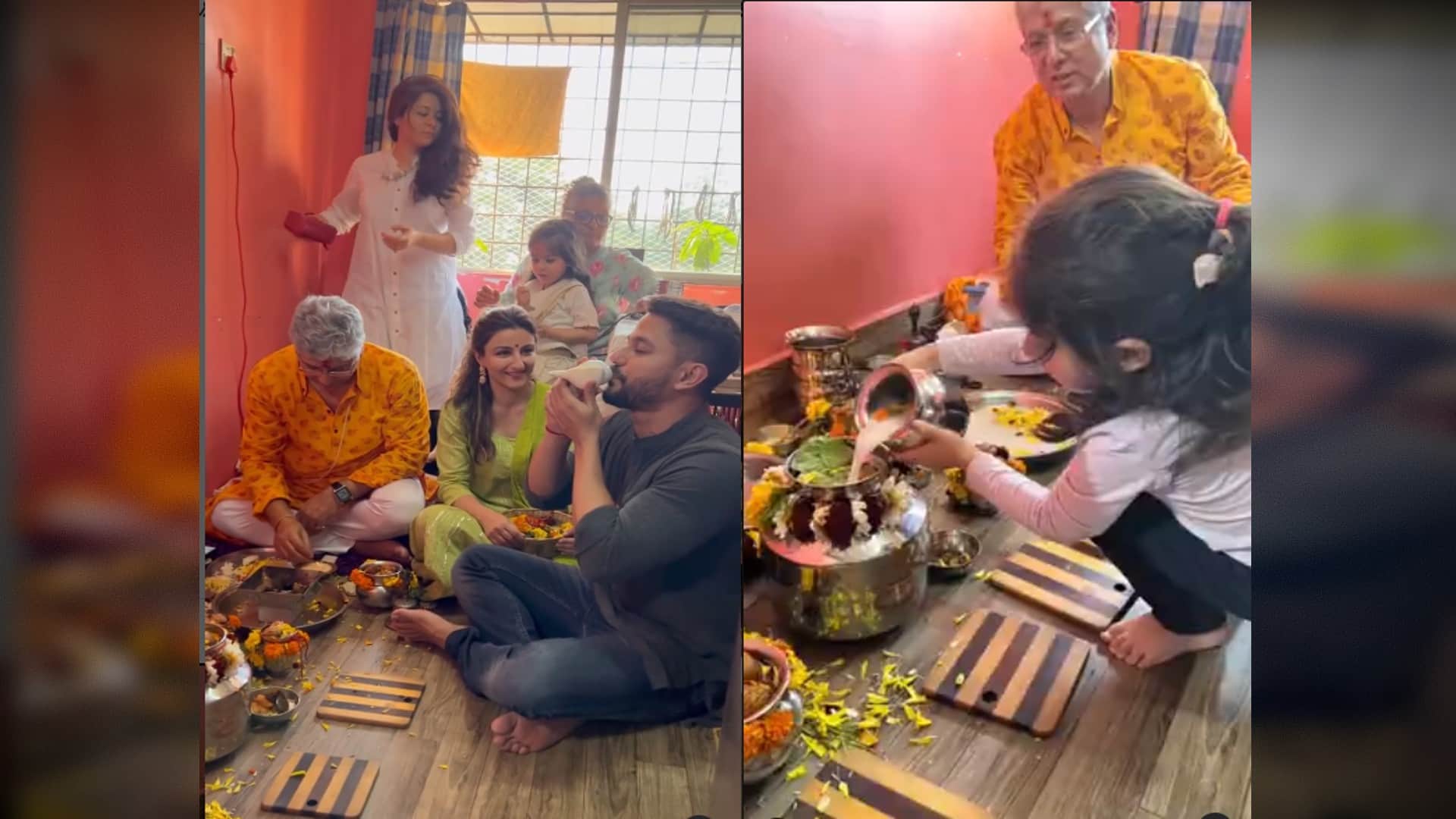 soha ali khan and kunal kemmu celebrate herath festival before maha shivratri at home doughter inaaya takes part in pooja  serves lunch