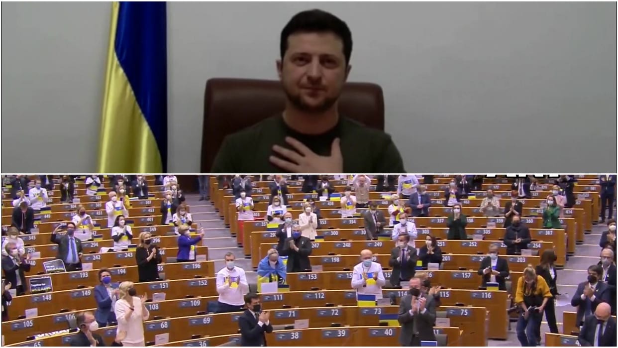 Ukraine President Volodymyr Zelenskyy received a standing ovation after his address at European Parliament 