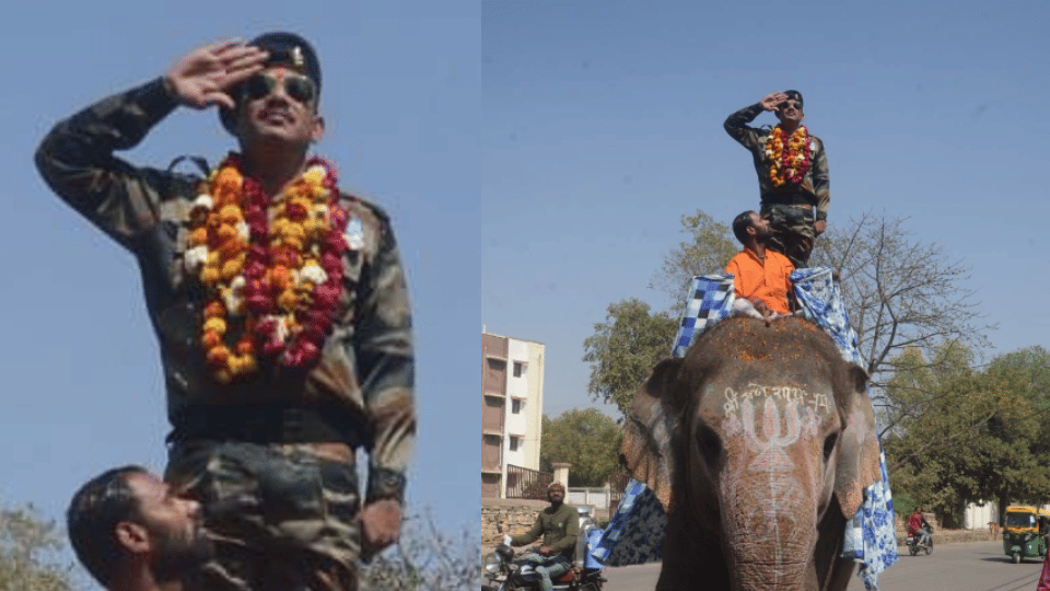 Grand Welcome for Retired Soldier in Gwalior, Elephant Ride arranged for him