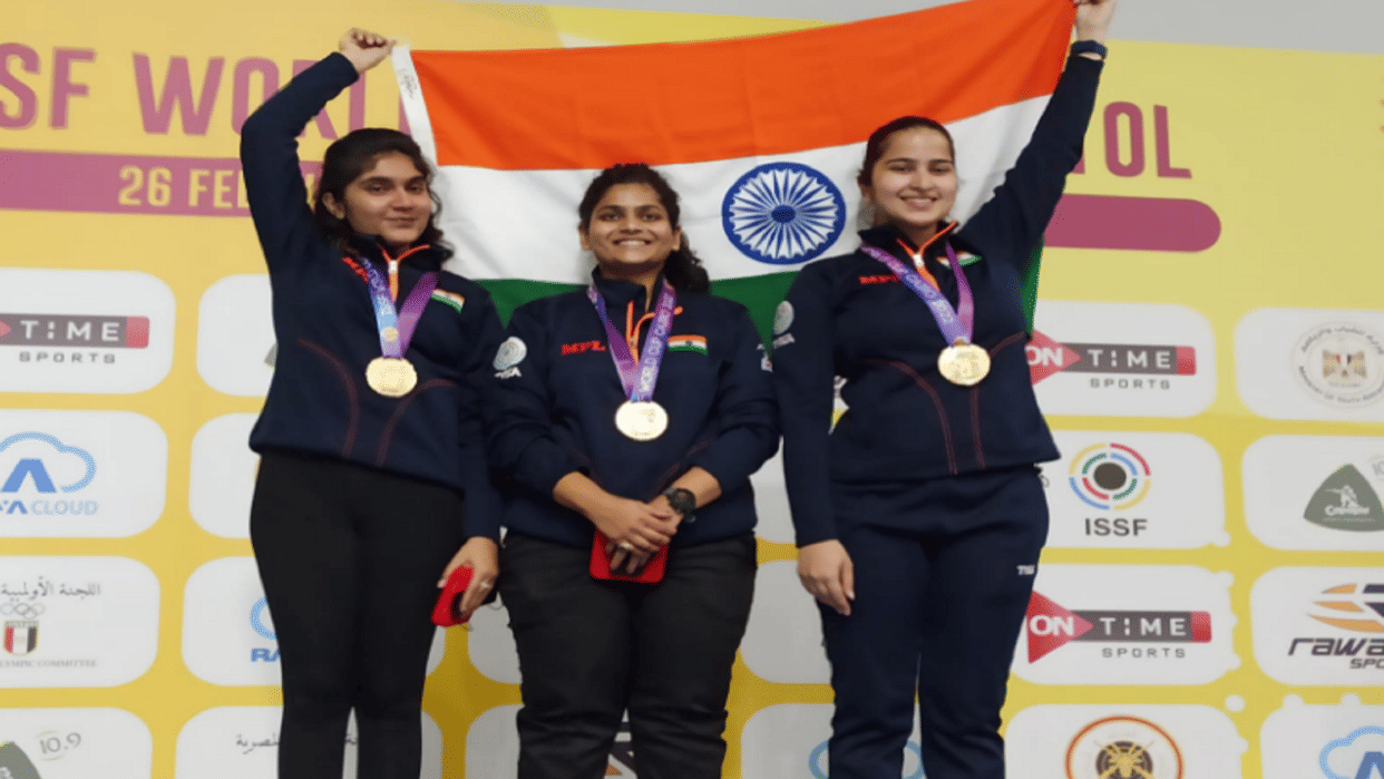 ISSF World Cup 2022 Indian women trio of Sarnobat Rahi singh esha & Rhythm Sangwan clinch gold in 25m Pistol team event