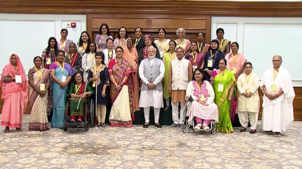 Prime Minister Narendra Modi interacts with winners of Nari Shakti Puraskar Awards