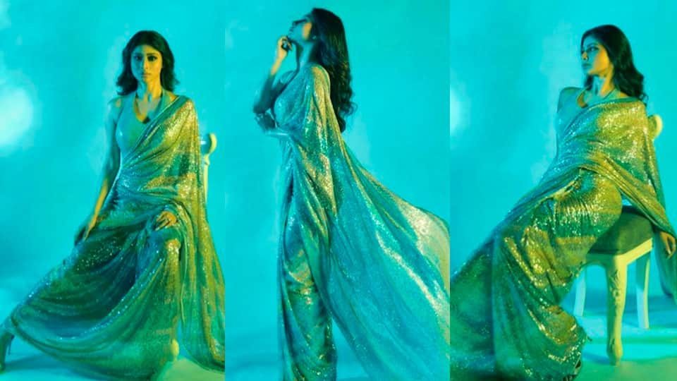 Mouni Rai latest photoshoot in shimmery saree