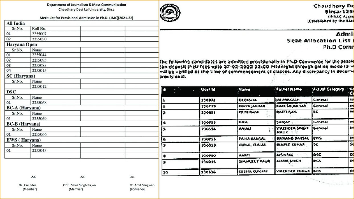 Release of merit list for admission in journalism department of CDLU in Sirsa of Haryana