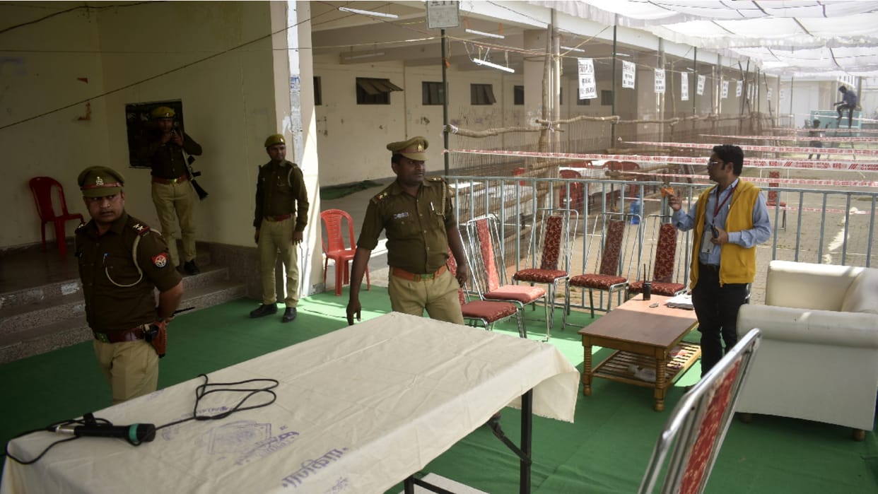 paramilitary policemen take charge of security in Gorakhpur for UP Election 2022