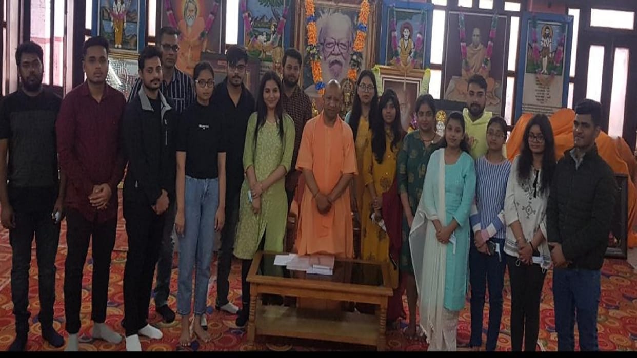Uttar Pradesh Chief Minister Yogi Adityanath meets students returned from Ukraine in Gorakhpur
