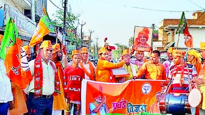 जीत के बाद खुशी मनाते भाजपा कार्यकर्ता।