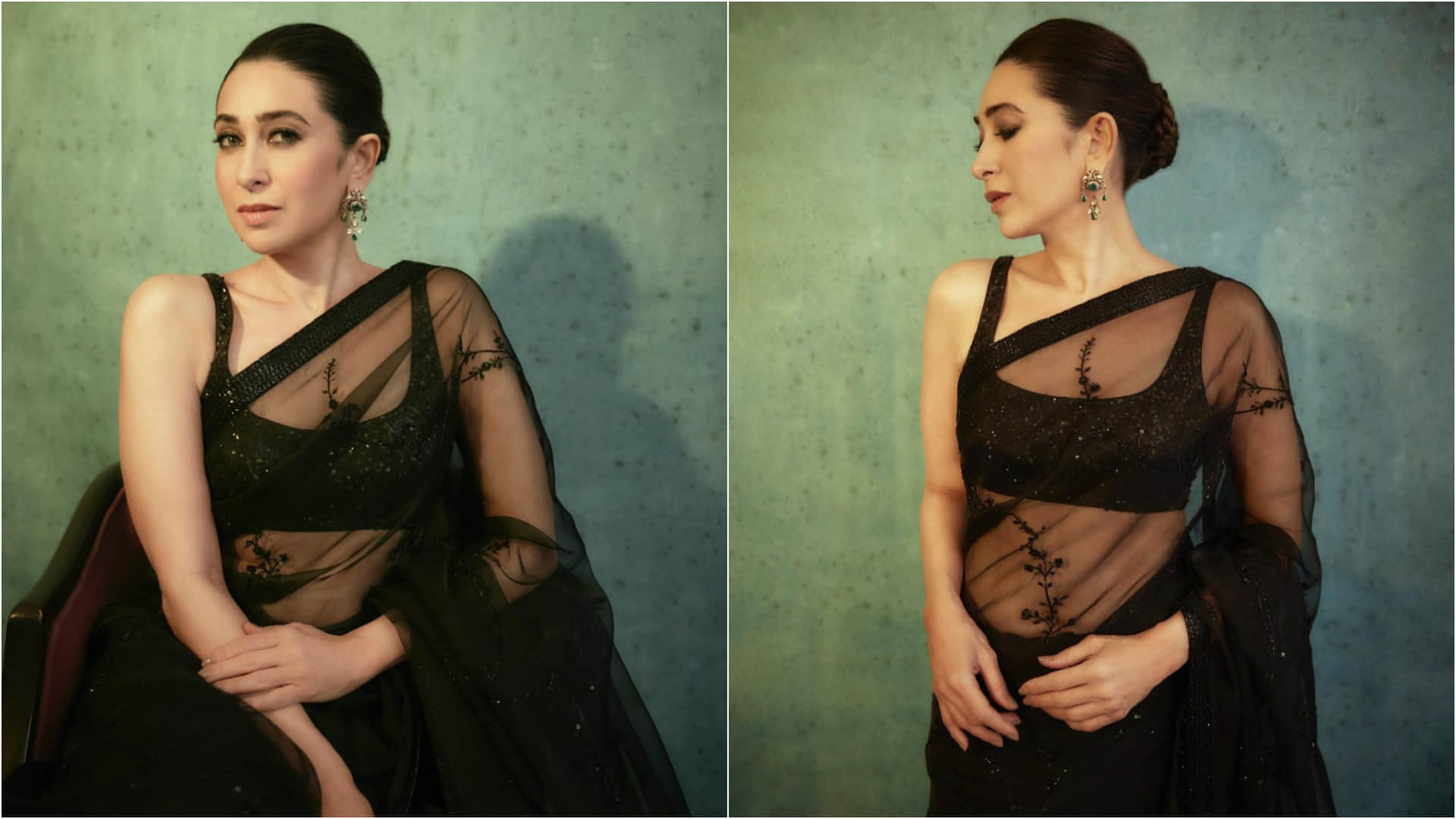 karisma kapoor stunning look in sheer black saree from sabysachi