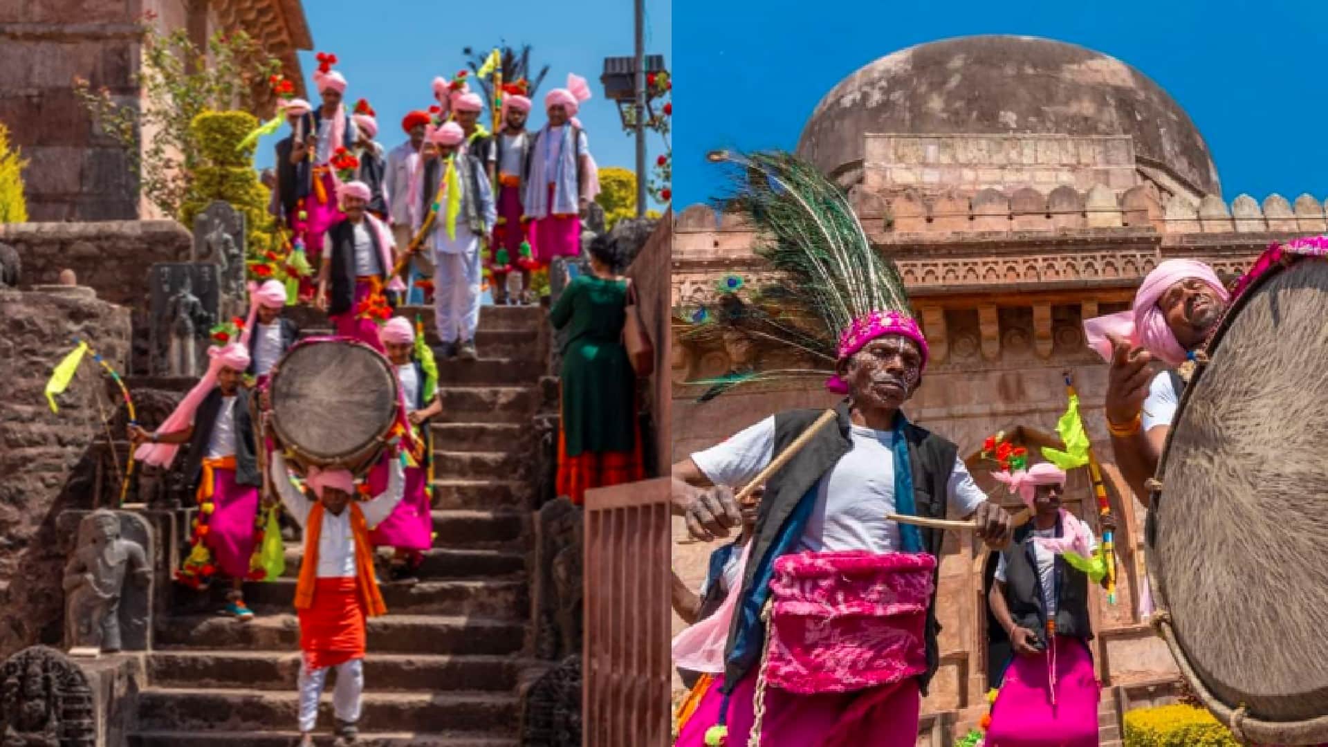 Dhar: The color of Bhagoria gathered in the tourist city of Mandu, the foreign tourists danced fiercely to the beats of the mandala and the flute.