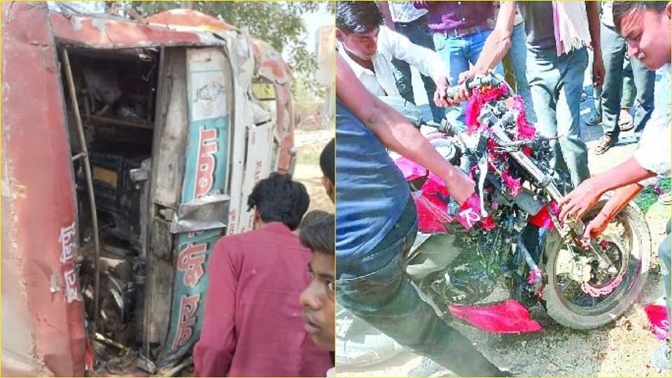 Bus overturned in a ditch after hitting bike rider one killed and 16 injured in firozabad