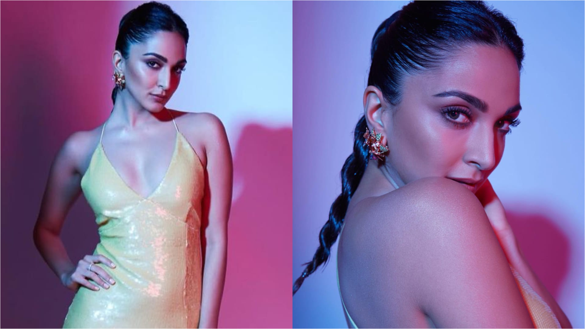 kiara advani deep v plunging neckline shimmery blue jumpsuit bold