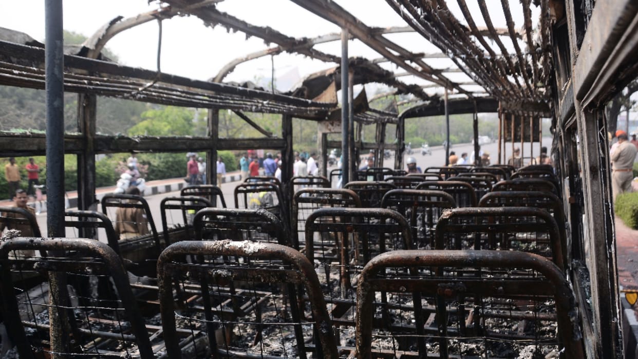 A bus catches fire near fun mall in Lucknow.