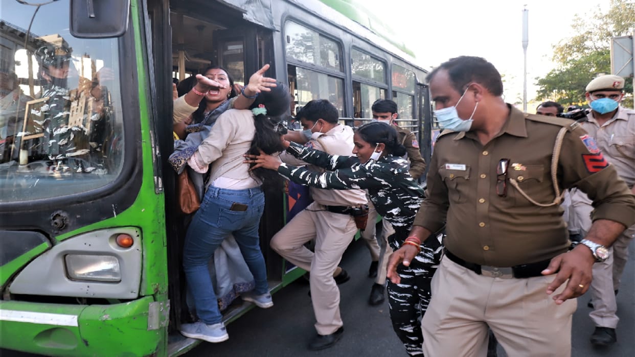 Vandalism with Anganwadi workers police caught elderly woman hair and made her sit in car one unconscious