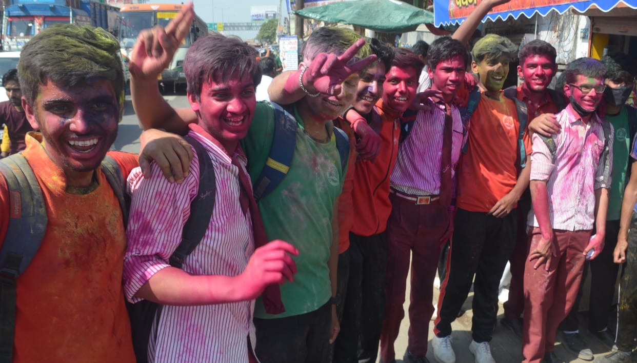 There was a lot of gulal in schools, students danced fiercely