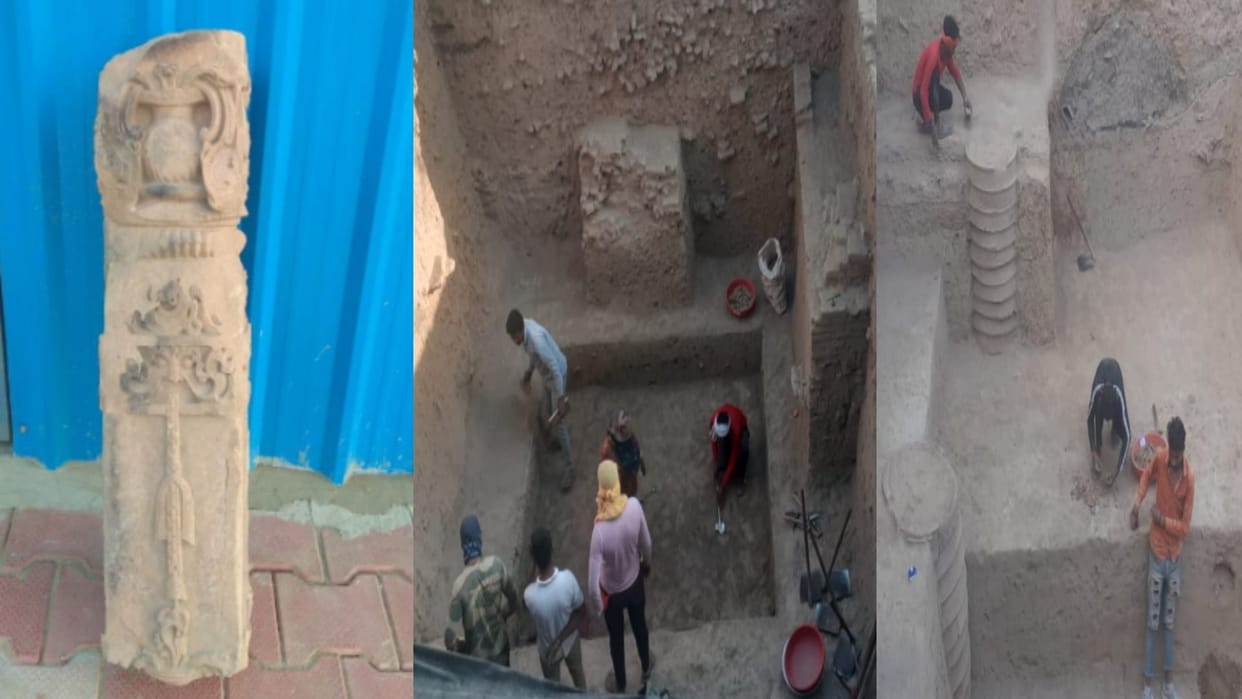Meerut News: 25 hundred years old ornate temple pillar found during excavation in Hastinapur see photos