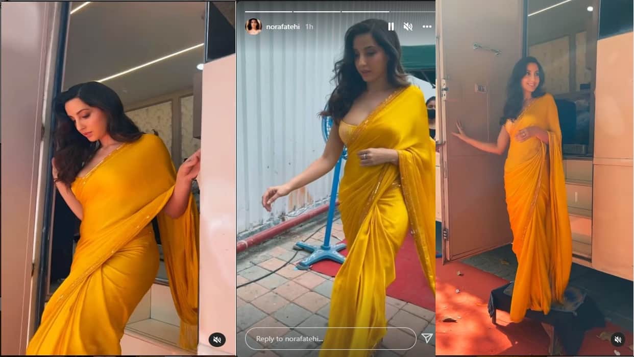 Nora Fatehi sizzling look in yellow satin saree see latest pictures