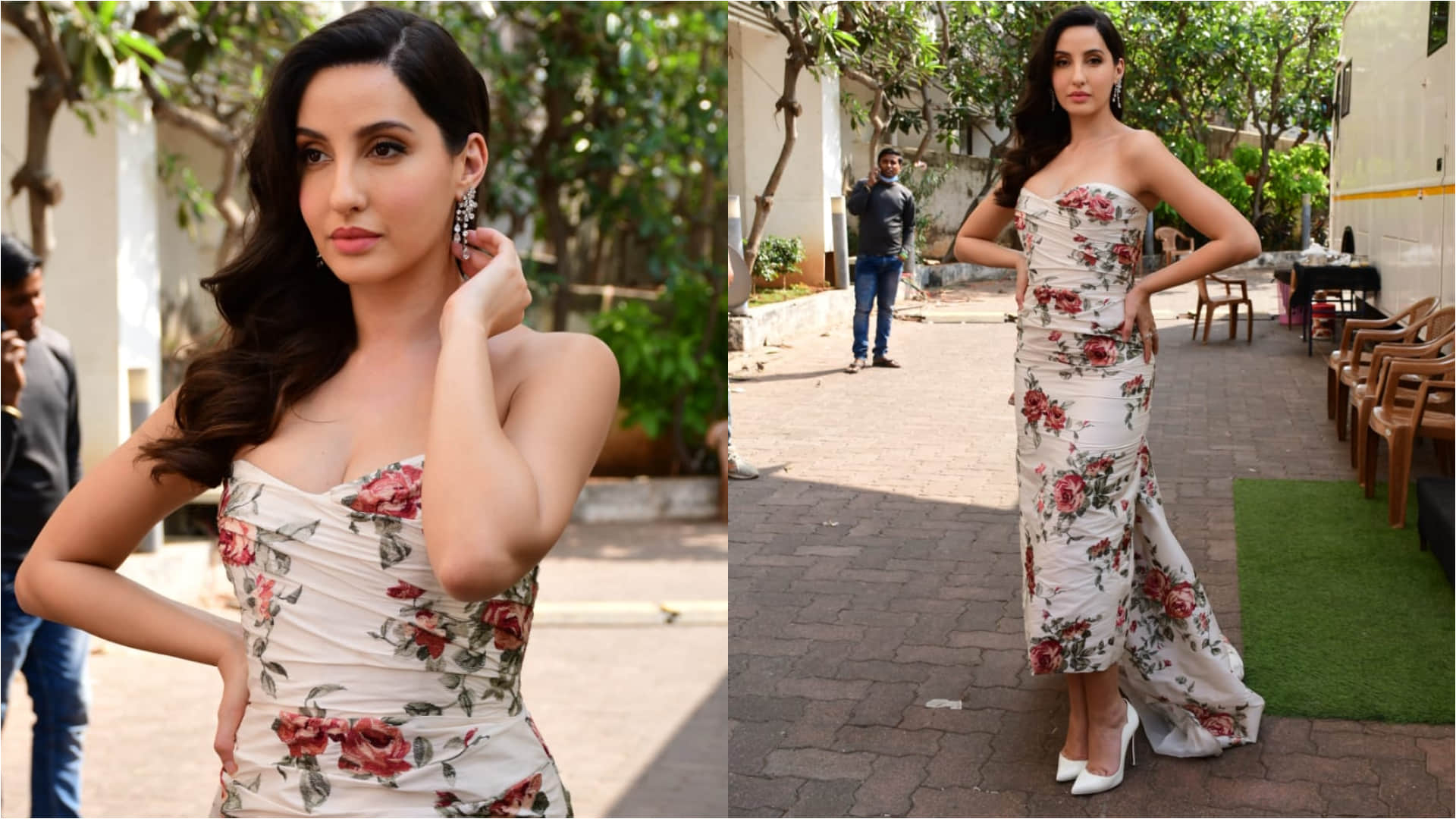 nora fatehi glow in white mini dress adorn with feather