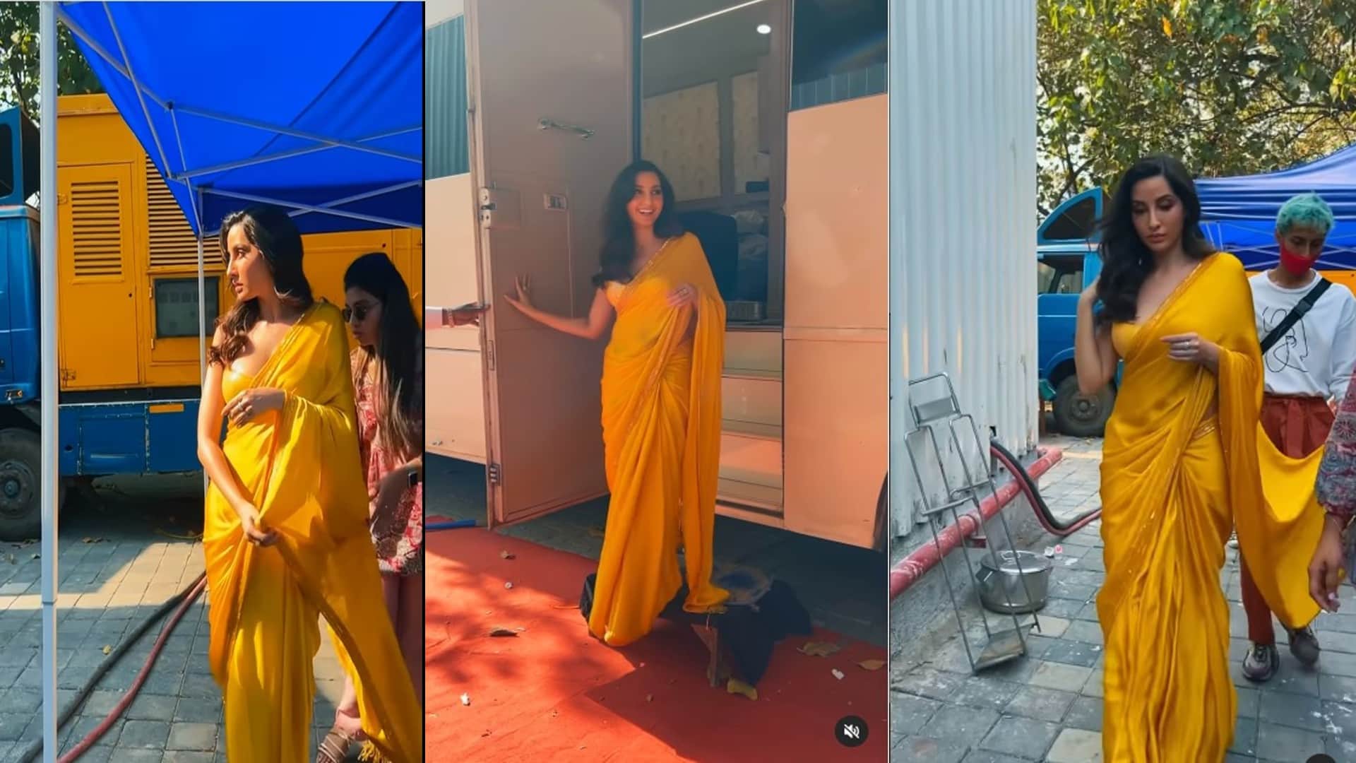 Nora Fatehi sizzling look in yellow satin saree see latest pictures