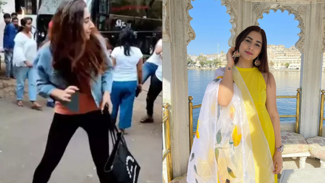 Disha Parmar got scared from the people playing holi as she is posing for paparazzi