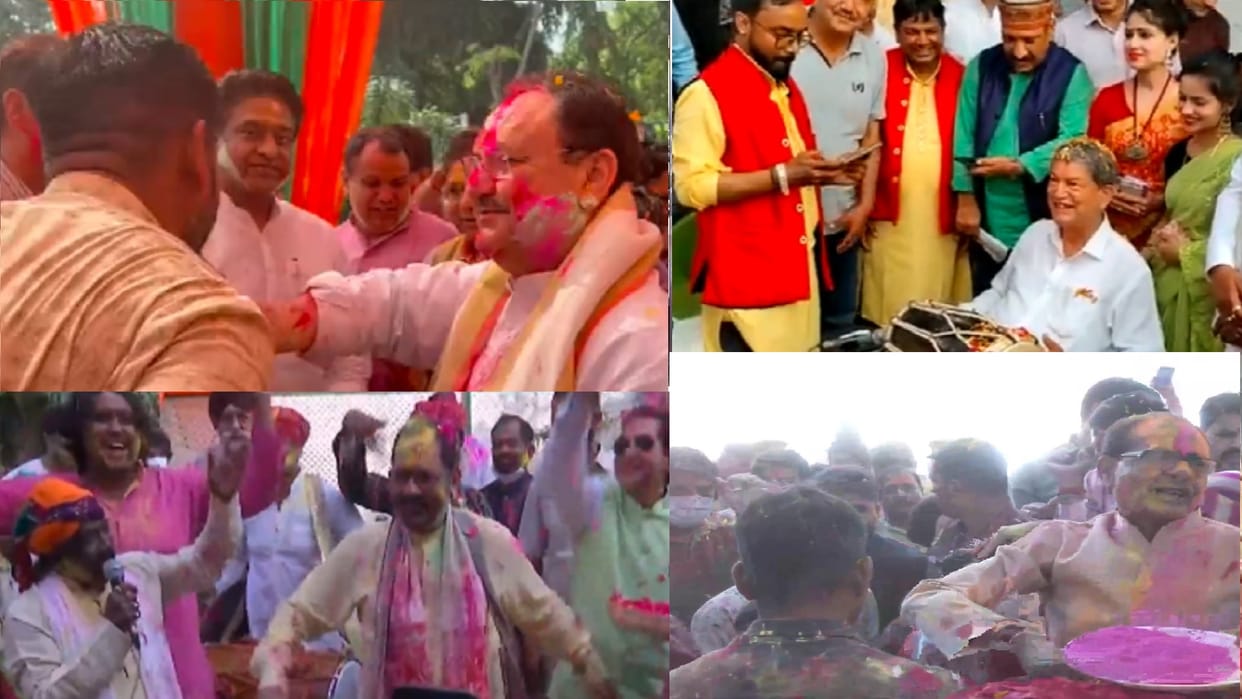 Holi celebrations of Harish Rawat Manish Sisodia Mukhtar Abbas Naqvi Rajnath Singh JP Nadda Pushkar Singh Dhami splash colours to celebrate the festival see phtos