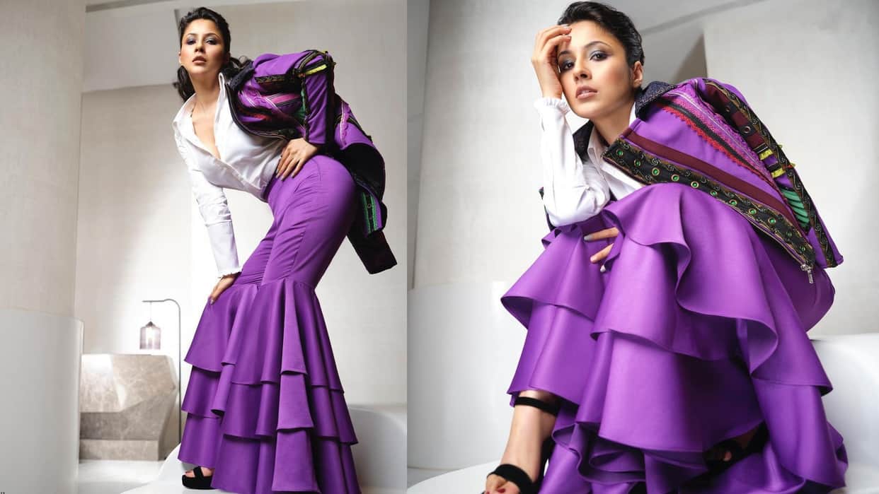 shehnaaz gill latest photoshoot white shirt purple pants see pics