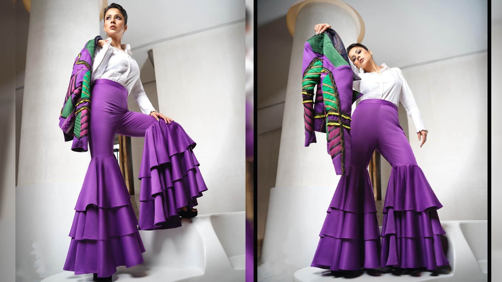 shehnaaz gill latest photoshoot white shirt purple pants see pics