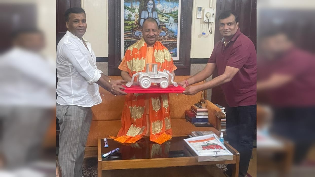 Silver bulldozer gifted to CM Yogi in Gorakhpur
