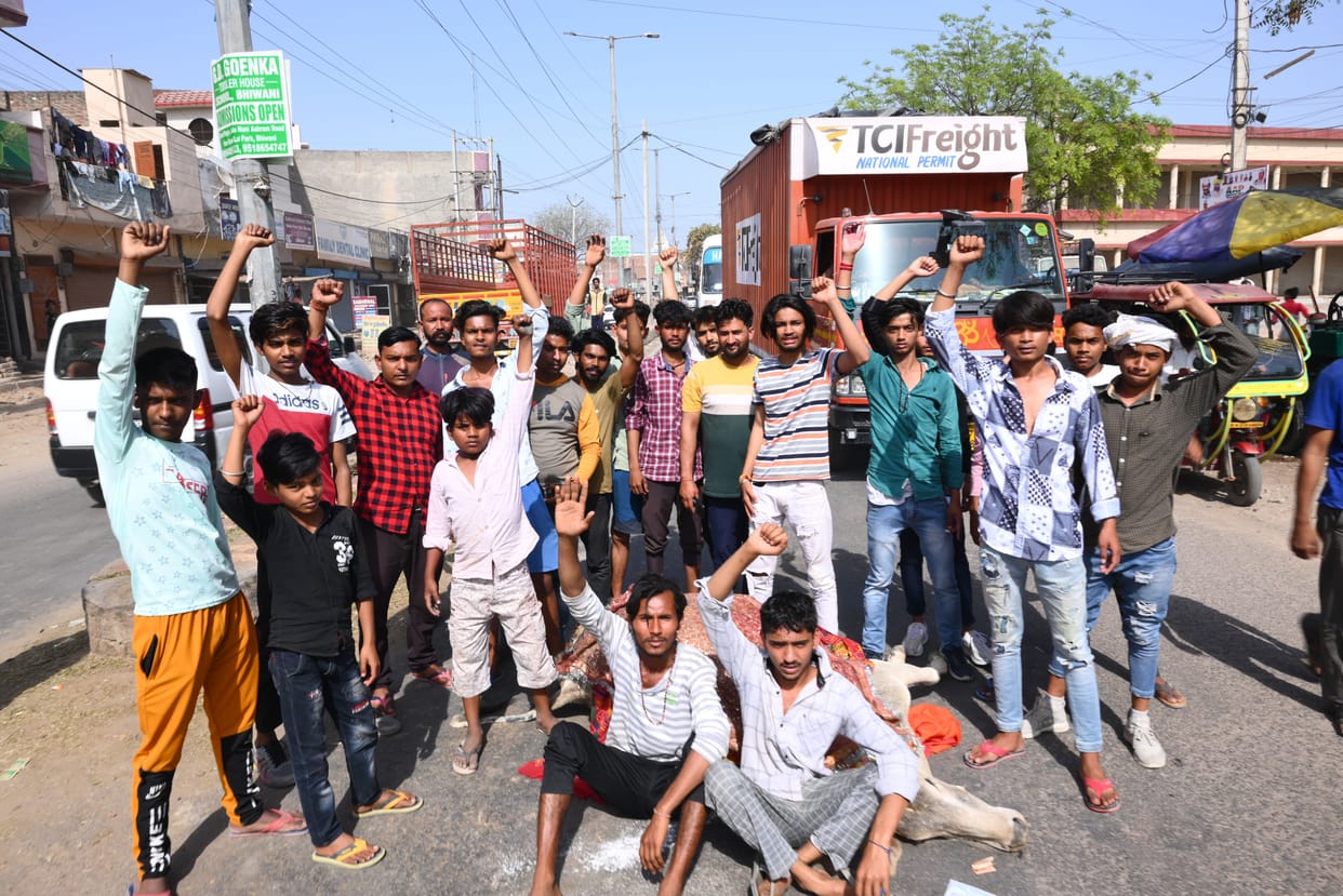 People of the area got angry for not lifting the dead cow, blocked one hour on the highway of Dadri Gate area.