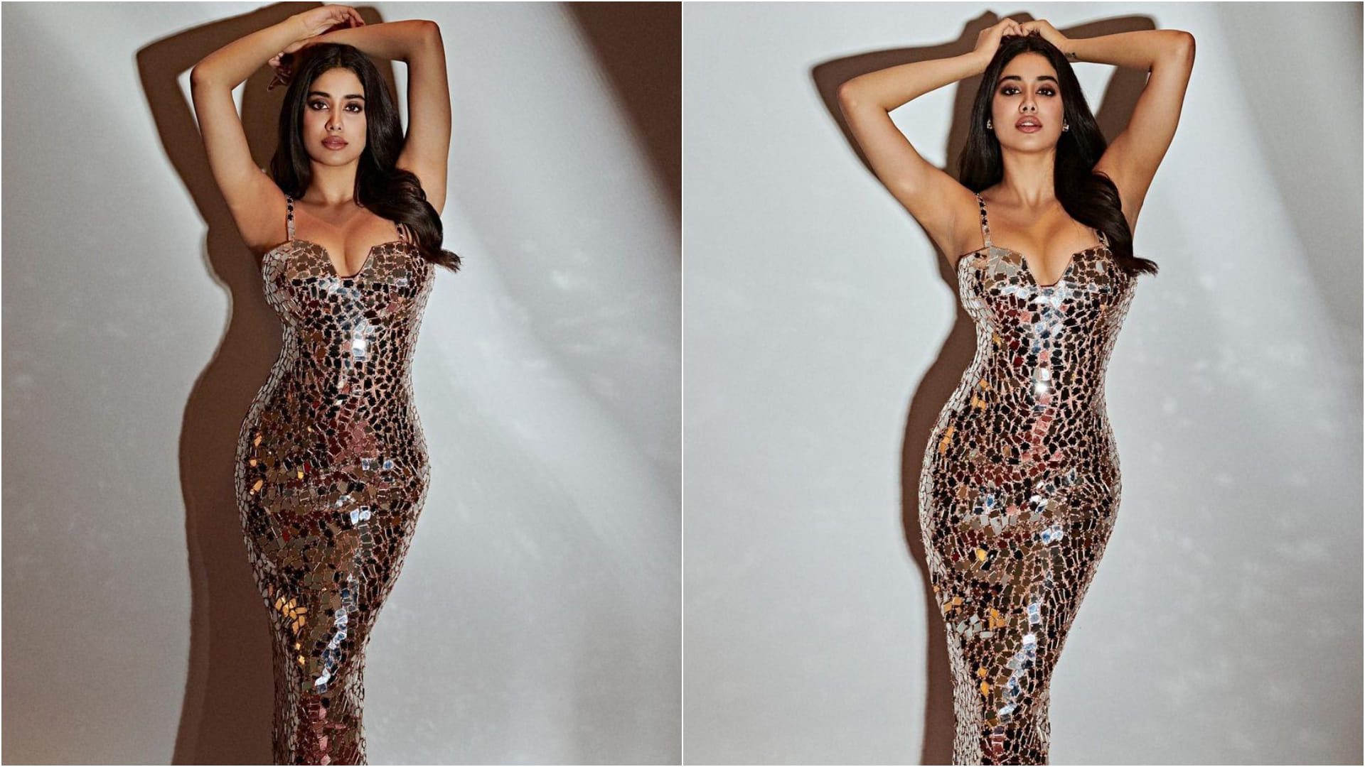 janhvi kapoor flaunts curvy figure in silver shimmer body fitting gown in bold look for grazia award show
